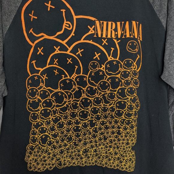 Nirvana Black Graphic Print Baseball T-Shirt 3/4 Sleeve Smiley Face Crewneck - Picture 2 of 5